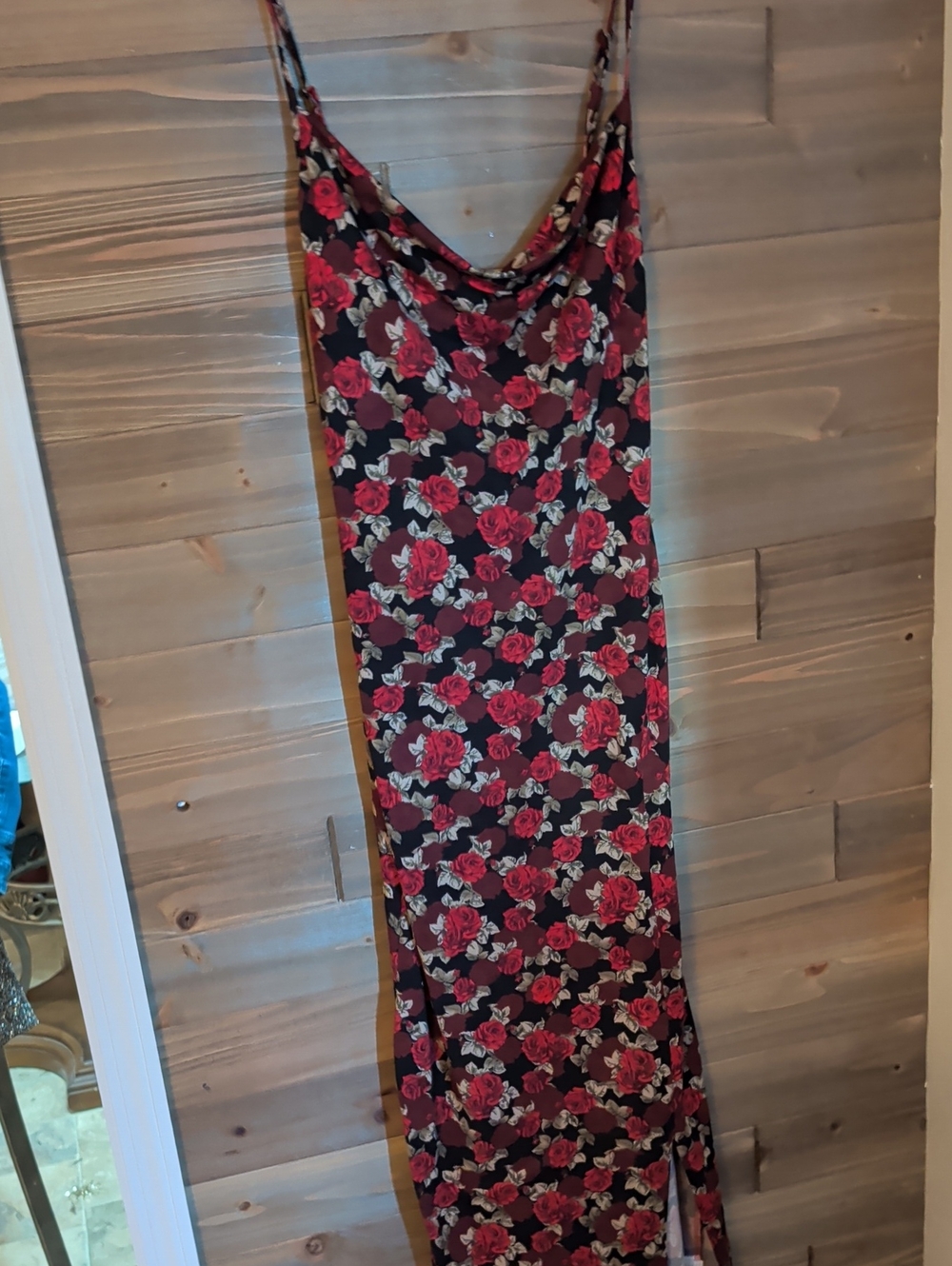 Shein Floral Cowl Neck Maxi Dress. Black with Red Rose Print.  Size S.  55" Long